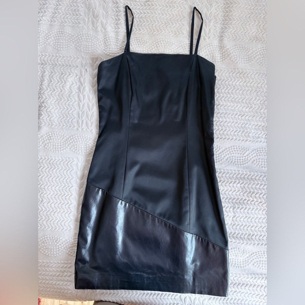 Black Satin Slip Dress with Faux Leather Hem